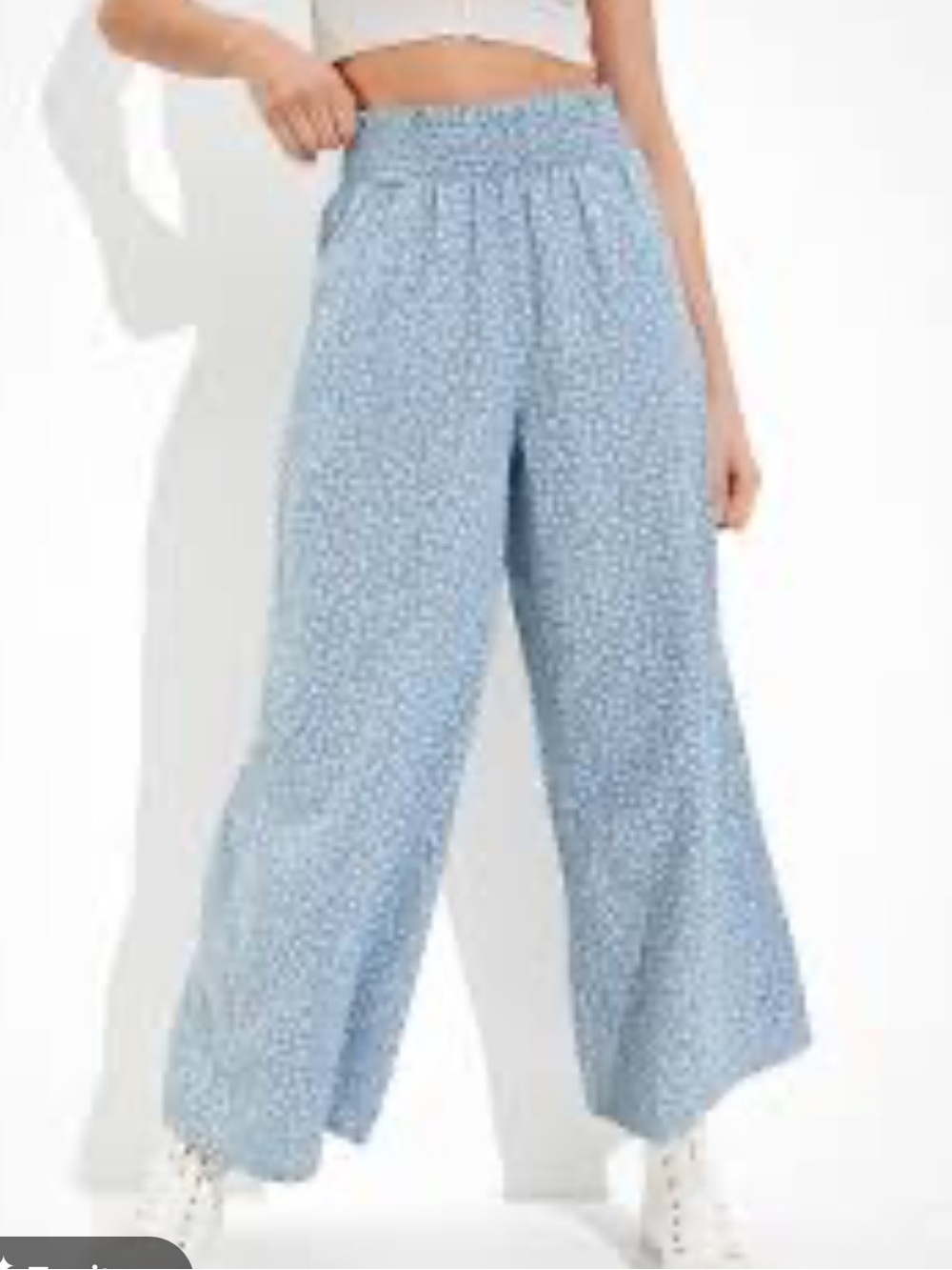 American Eagle Smocked Wide Leg Pants Pull On Blue Floral Size Small
